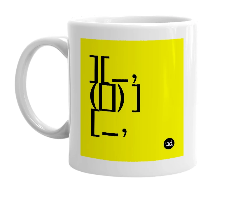 White mug with '][_, ([]) ][_,' in bold black letters