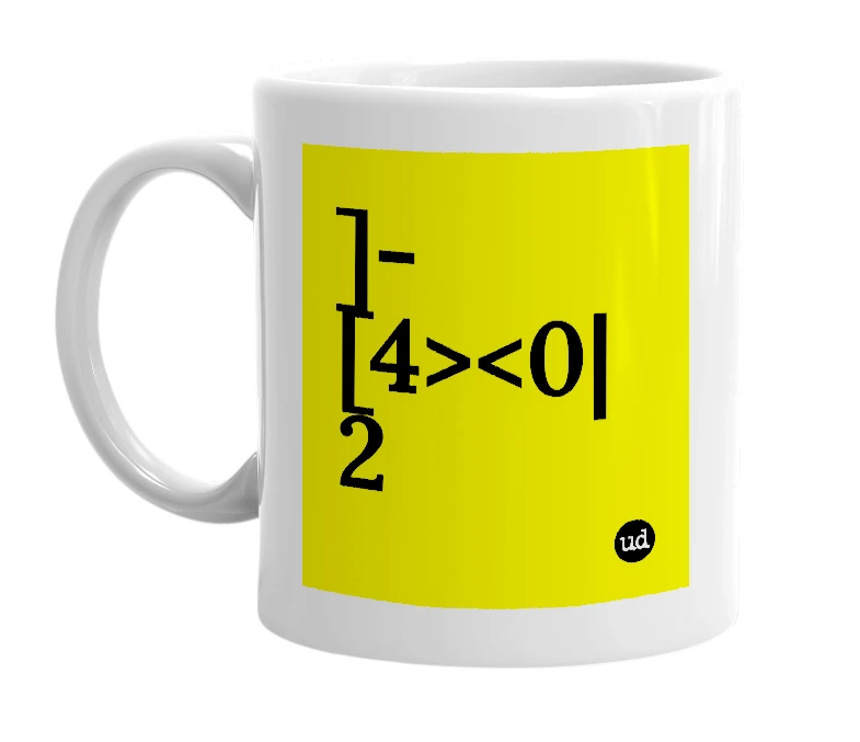 White mug with ']-[4><0|2' in bold black letters