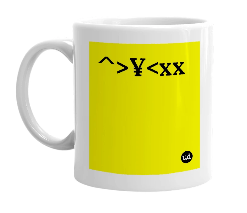 White mug with '^>¥<xx' in bold black letters
