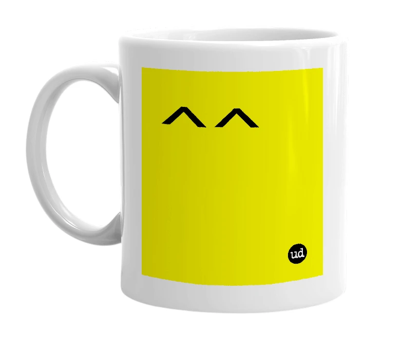 White mug with '^^' in bold black letters