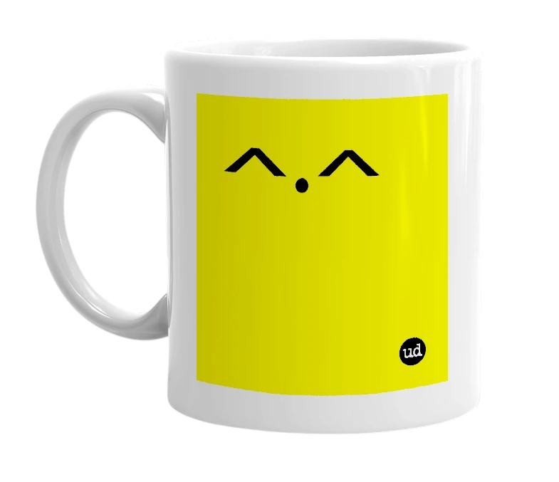 White mug with '^·^' in bold black letters