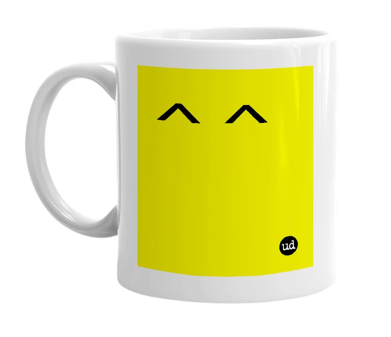 White mug with '^ ^' in bold black letters