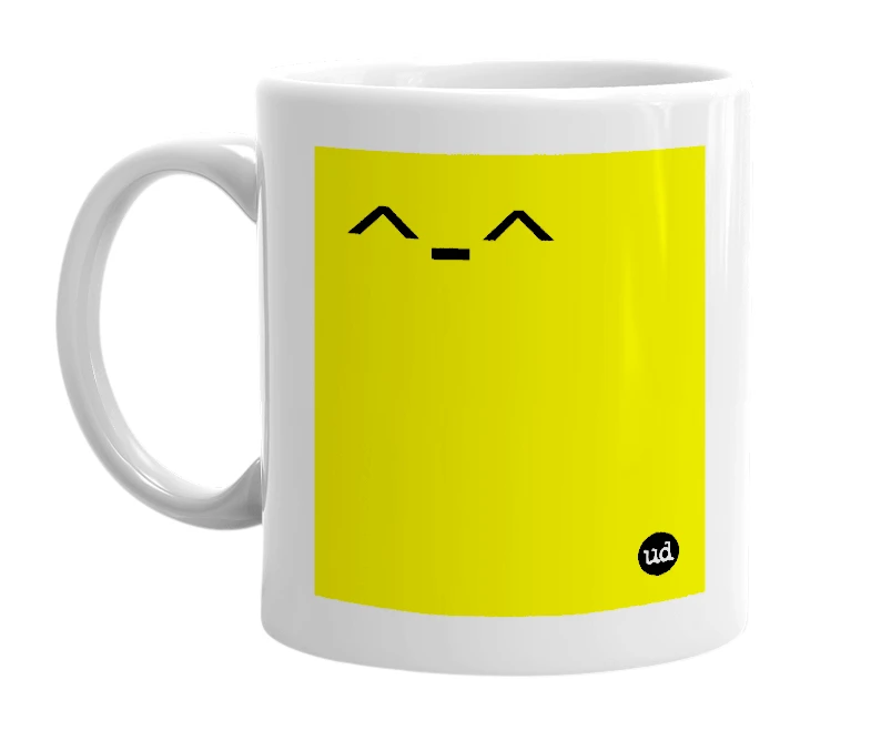 White mug with '^-^' in bold black letters
