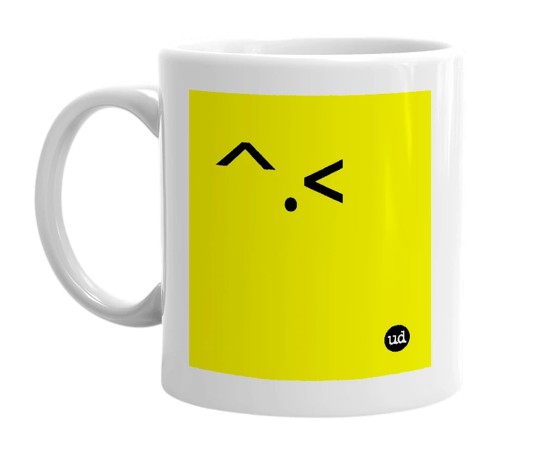 White mug with '^.<' in bold black letters