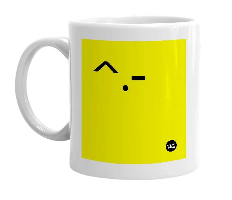 White mug with '^.-' in bold black letters