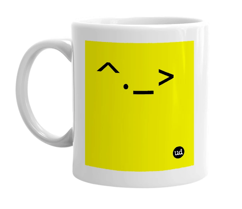 White mug with '^._>' in bold black letters