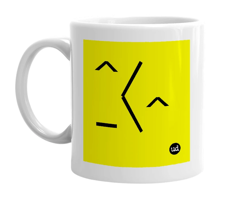 White mug with '^/_\^' in bold black letters