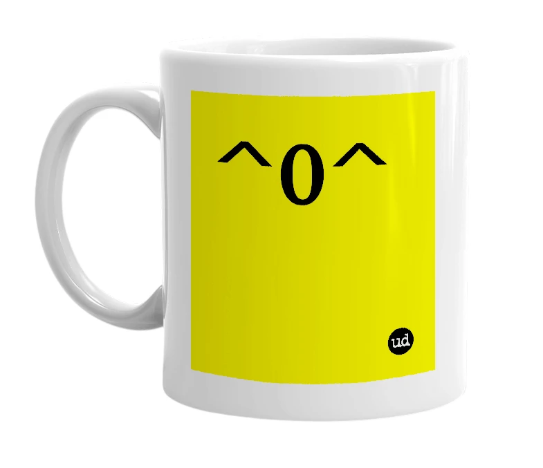 White mug with '^0^' in bold black letters