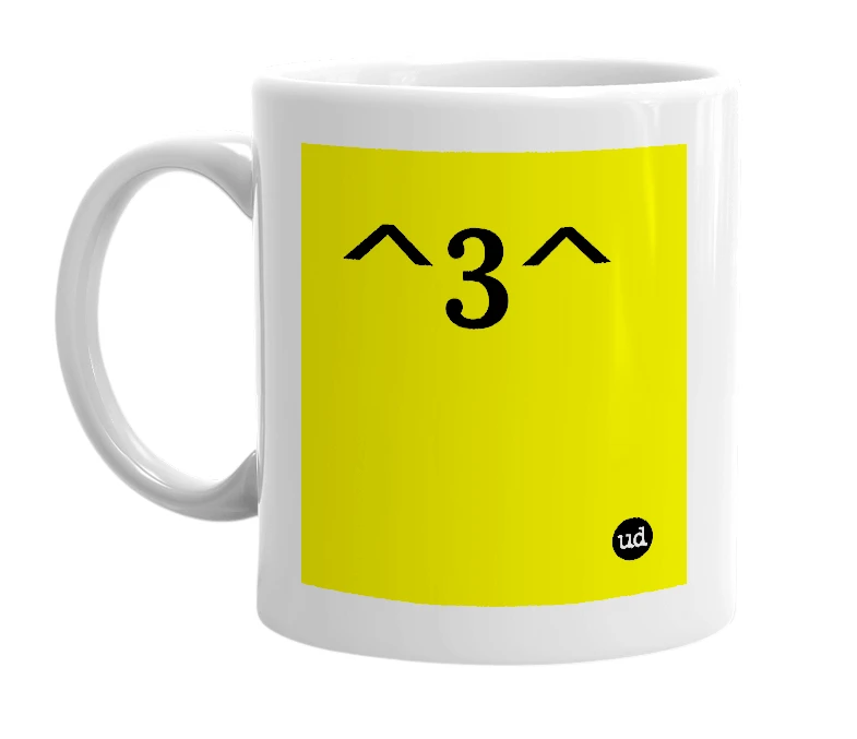 White mug with '^3^' in bold black letters