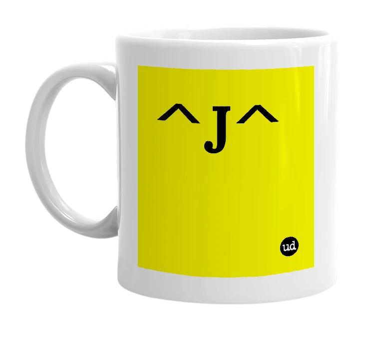 White mug with '^J^' in bold black letters