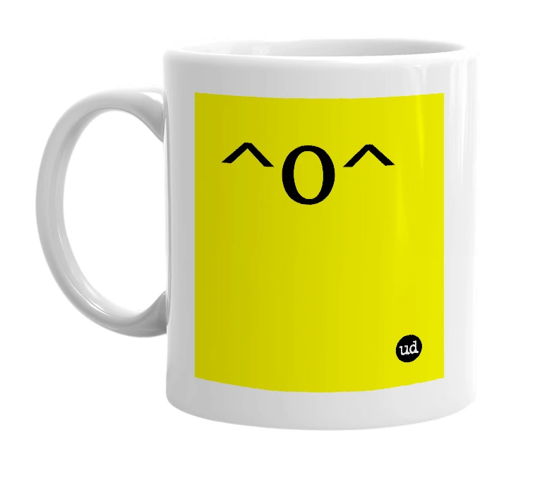 White mug with '^O^' in bold black letters