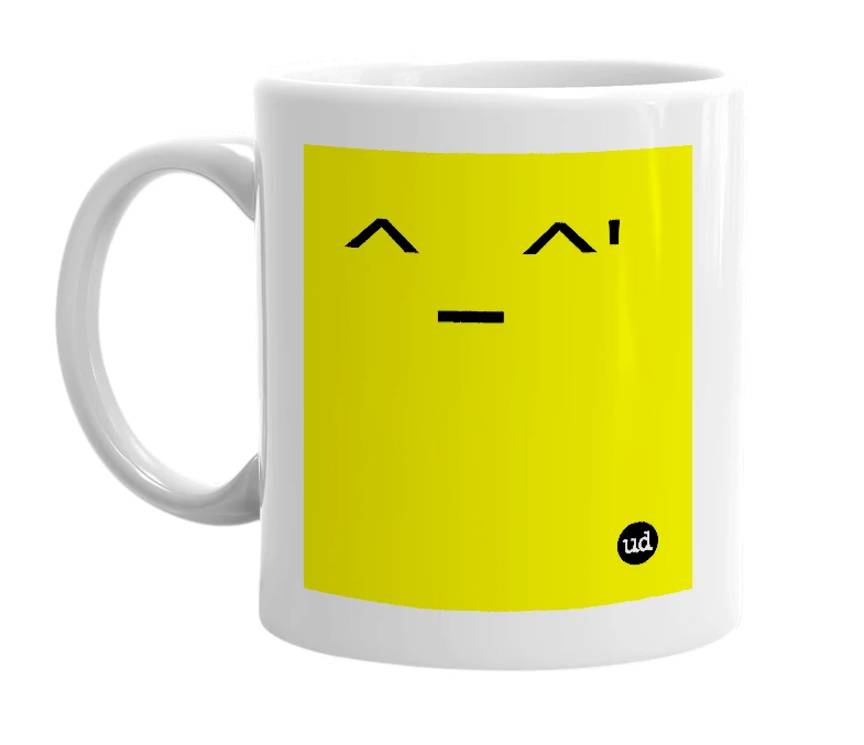 White mug with '^_^'' in bold black letters