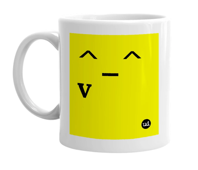 White mug with '^_^ v' in bold black letters
