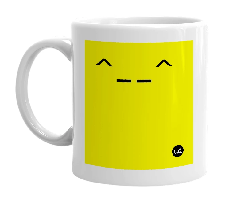 White mug with '^__^' in bold black letters