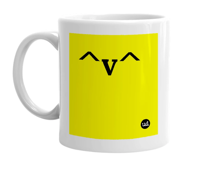 White mug with '^v^' in bold black letters