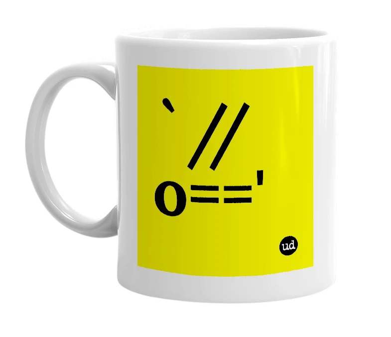 White mug with '`//o=='' in bold black letters
