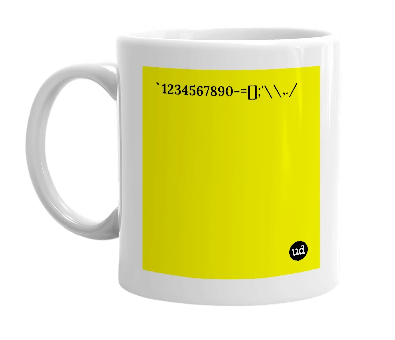White mug with '`1234567890-=[];'\\,./' in bold black letters