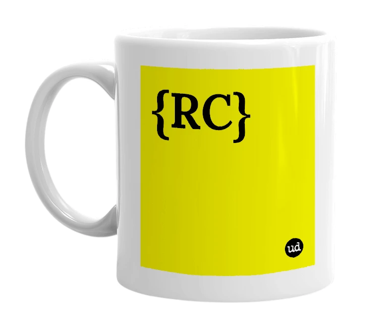 White mug with '{RC}' in bold black letters
