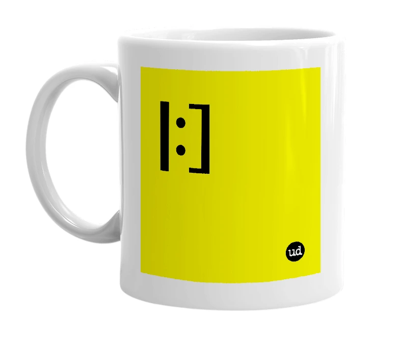 White mug with '|:]' in bold black letters