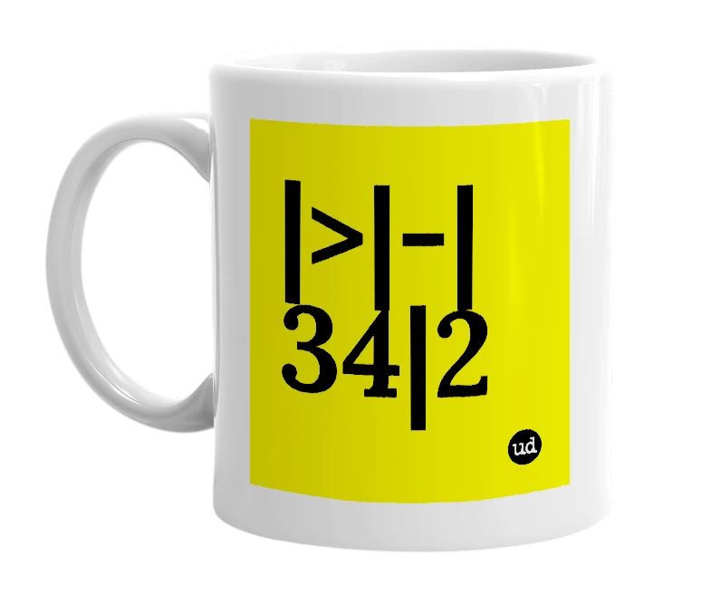 White mug with '|>|-|34|2' in bold black letters