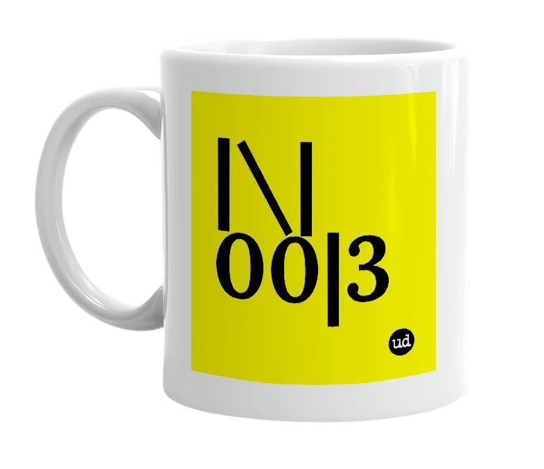 White mug with '|\|00|3' in bold black letters