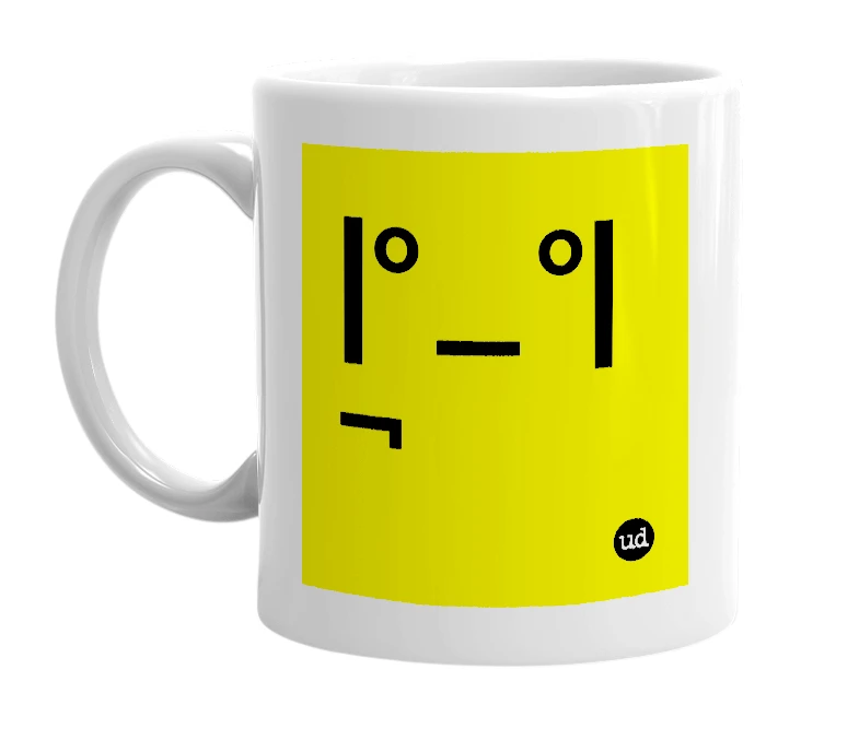 White mug with '|°_°|¬' in bold black letters