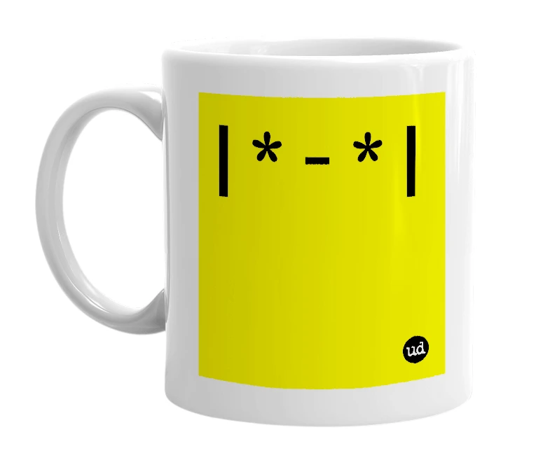 White mug with '| * - * |' in bold black letters