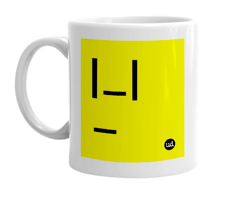 White mug with '|_|_' in bold black letters