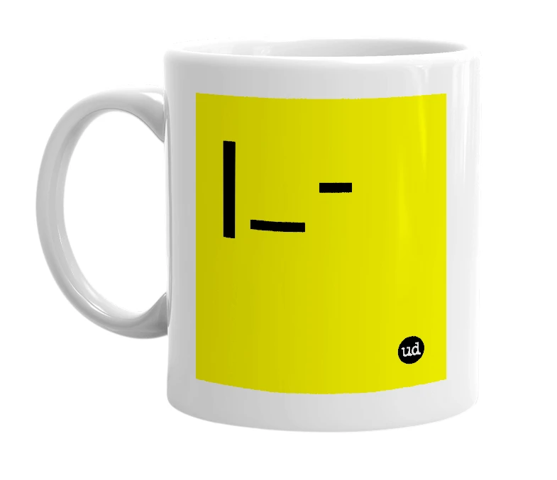 White mug with '|_-' in bold black letters