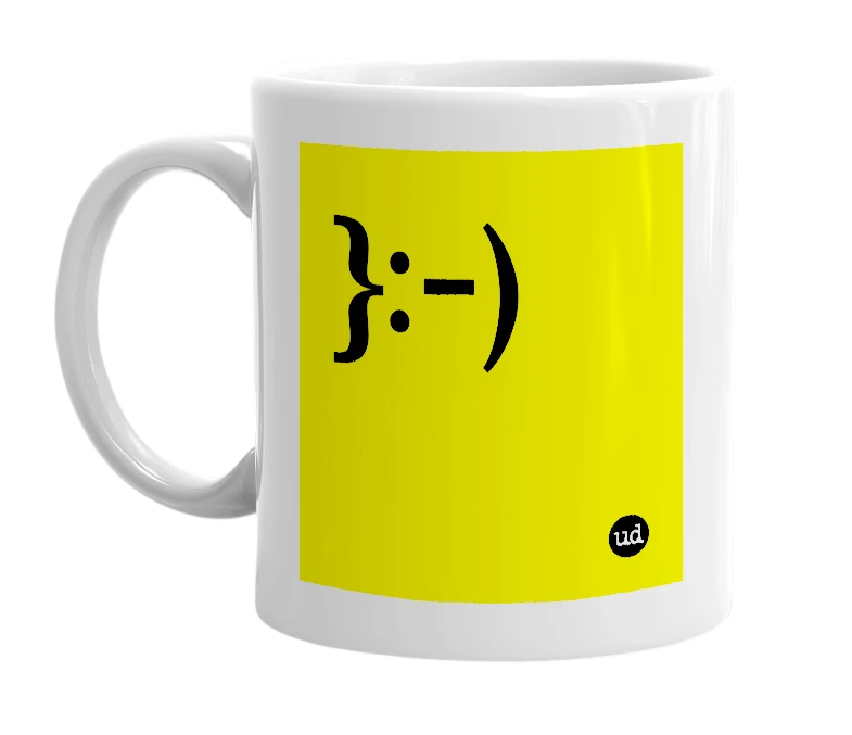 White mug with '}:-)' in bold black letters
