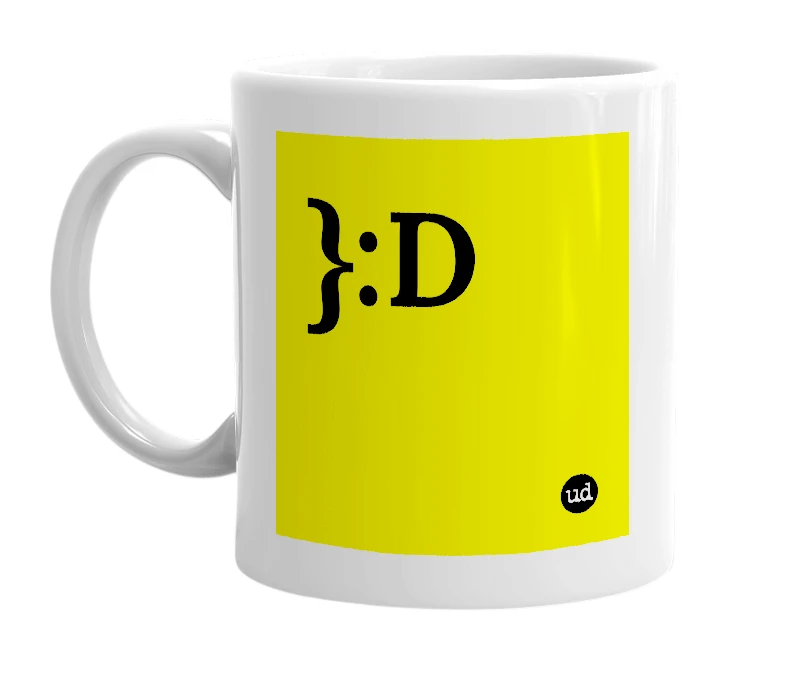 White mug with '}:D' in bold black letters