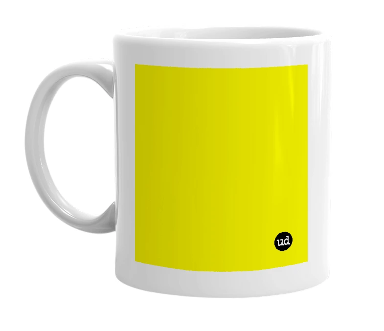 White mug with '  ' in bold black letters