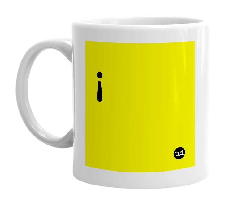 White mug with '¡' in bold black letters