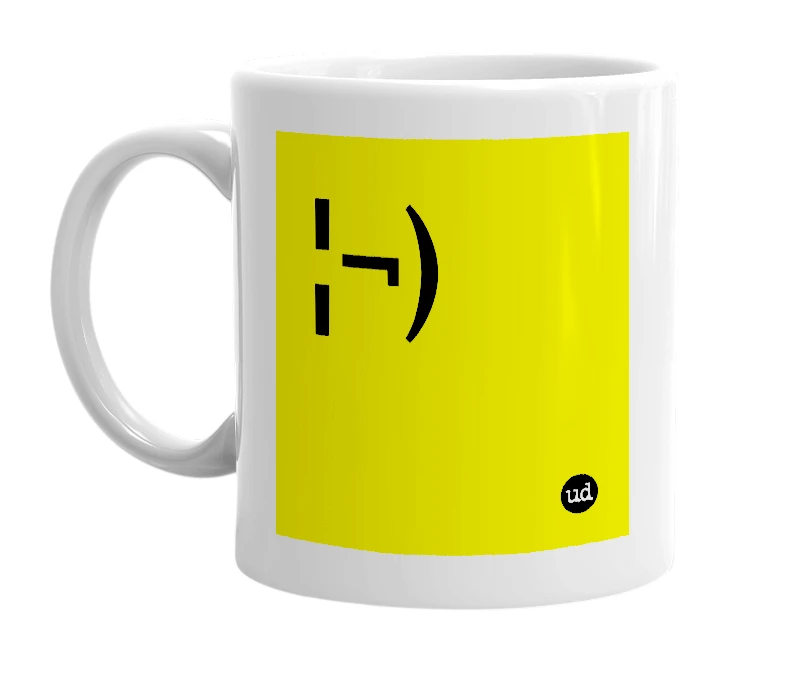 White mug with '¦¬)' in bold black letters