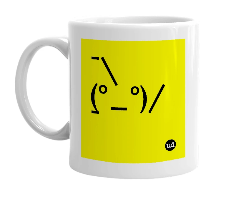White mug with '¯\(°_°)/¯' in bold black letters