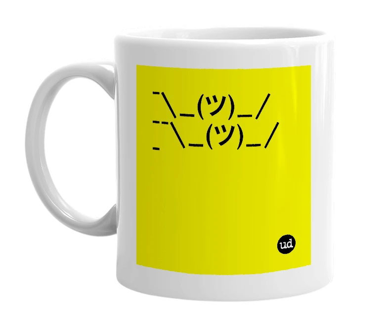 White mug with '¯\_(ツ)_/¯¯\_(ツ)_/¯' in bold black letters