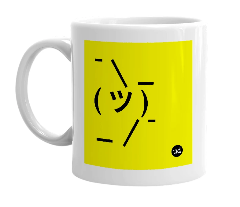White mug with '¯ \ _ ( ツ ) _ / ¯' in bold black letters