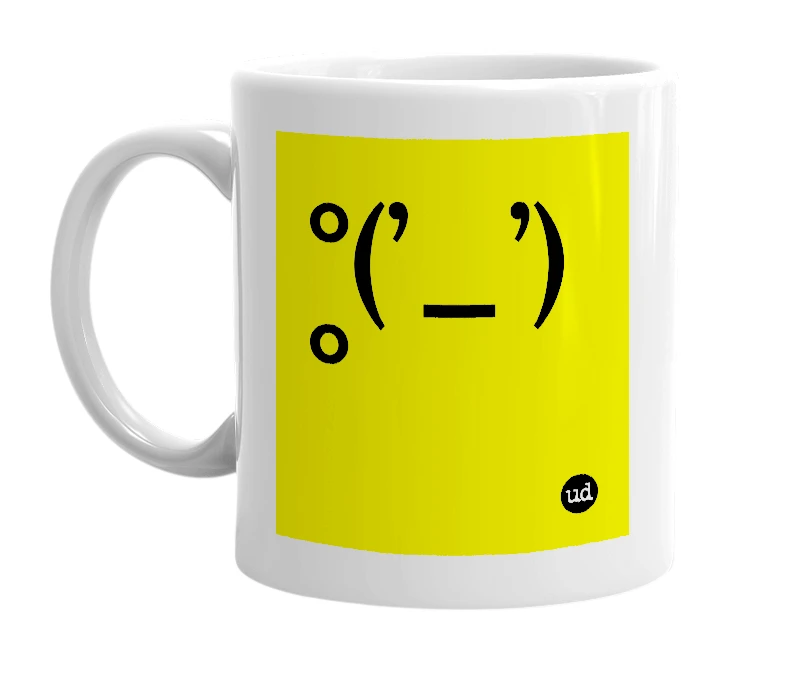 White mug with '°(’_’)°' in bold black letters