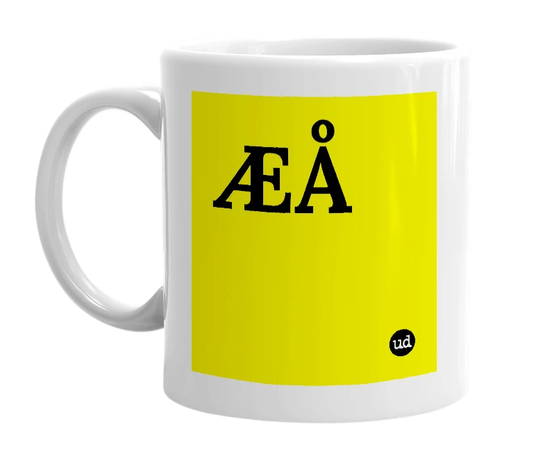 White mug with 'ÆÅ' in bold black letters