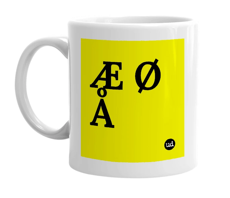 White mug with 'Æ Ø Å' in bold black letters