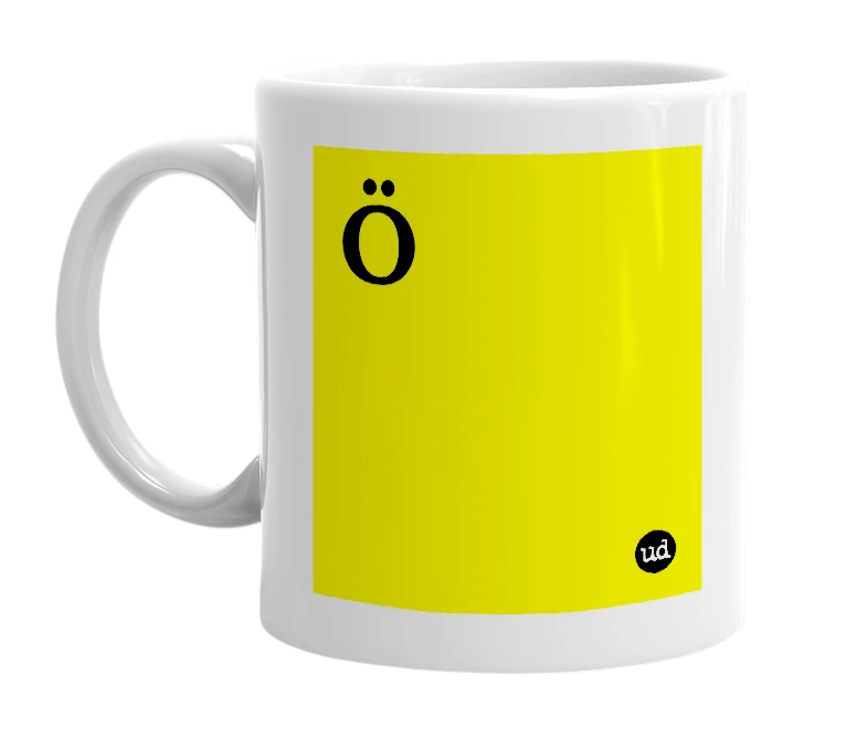 White mug with 'Ö' in bold black letters