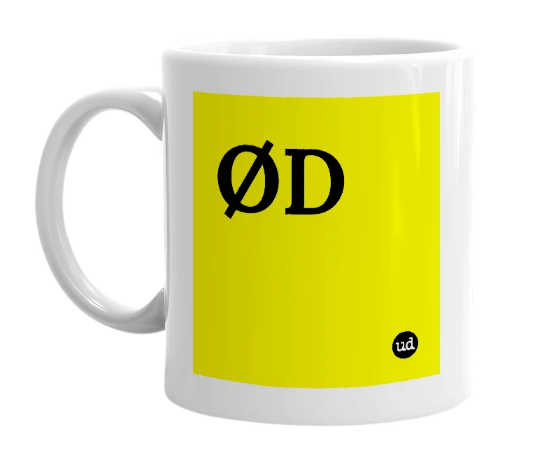 White mug with 'ØD' in bold black letters