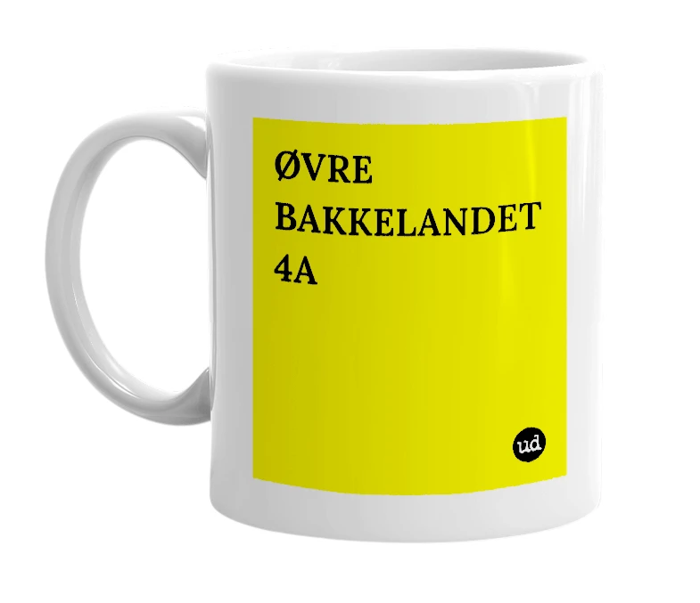 White mug with 'ØVRE BAKKELANDET 4A' in bold black letters