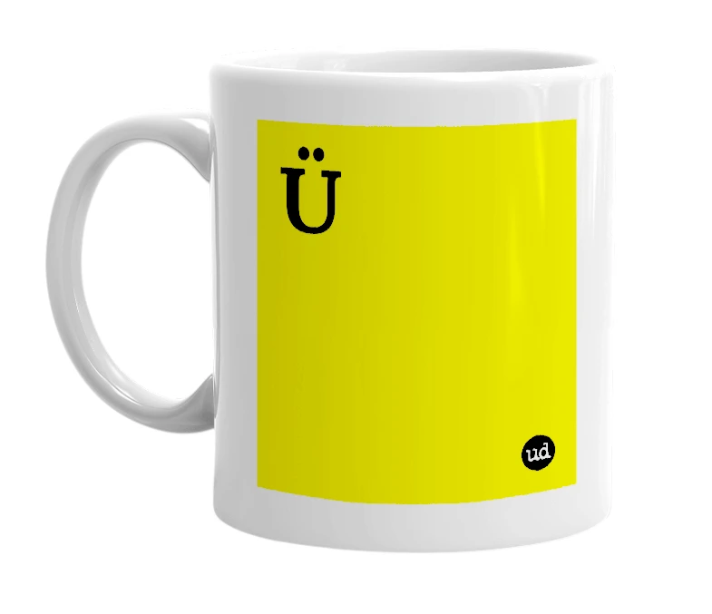 White mug with 'Ü' in bold black letters