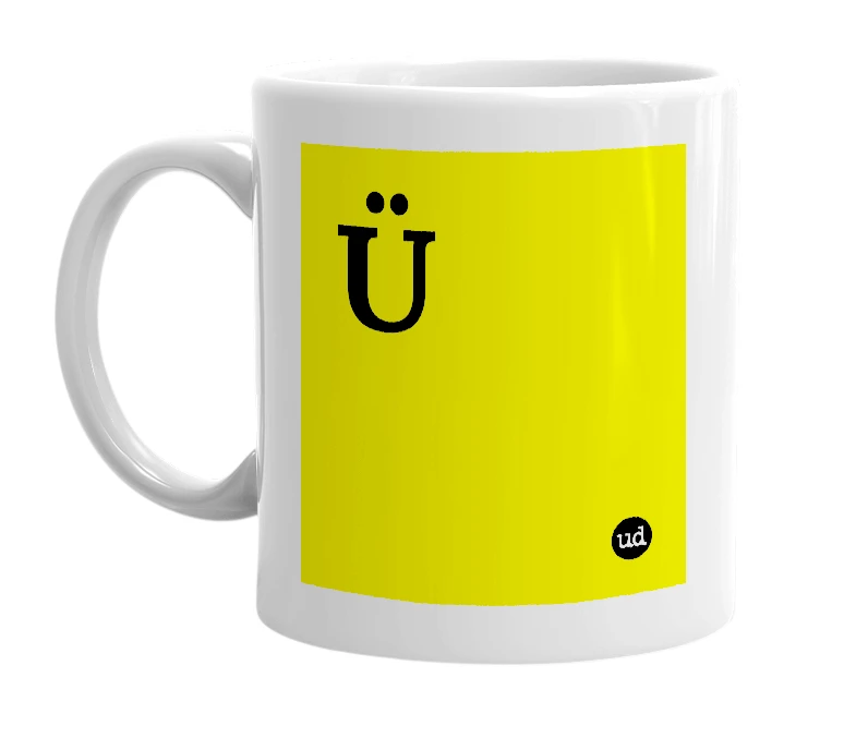 White mug with 'Ü' in bold black letters