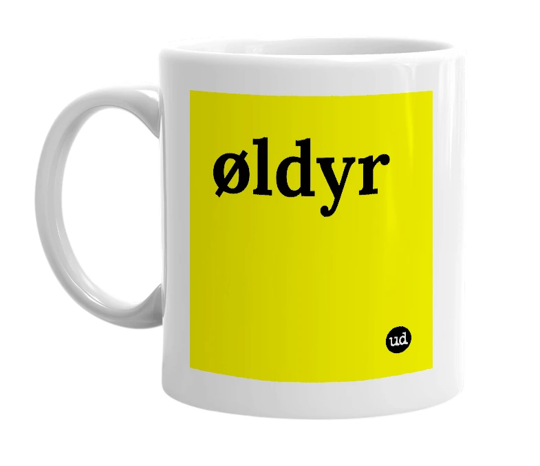 White mug with 'øldyr' in bold black letters