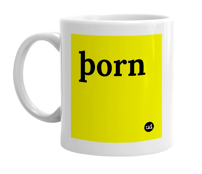 White mug with 'þorn' in bold black letters