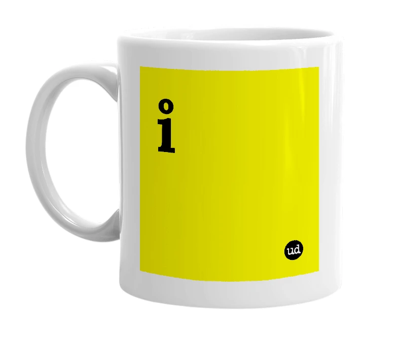 White mug with 'ı̊' in bold black letters