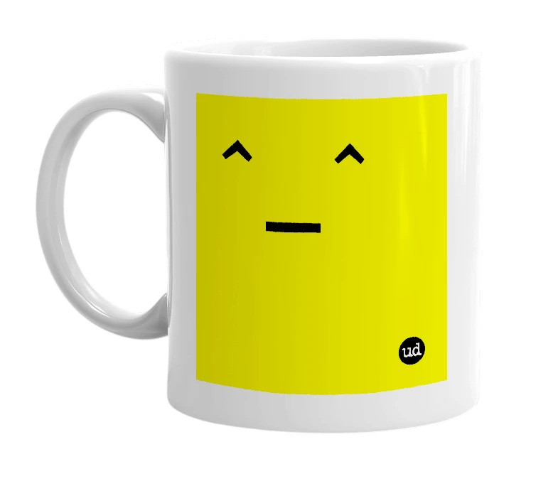 White mug with 'ˆ_ˆ' in bold black letters