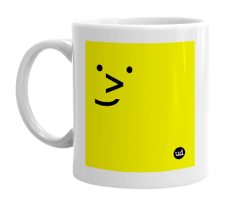 White mug with '˙͜>˙' in bold black letters